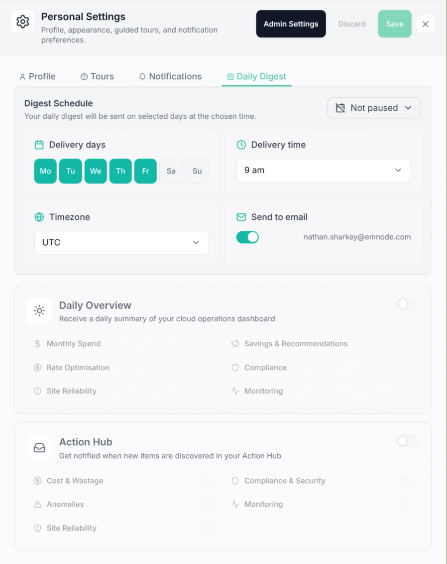 Personal daily digest settings panel showing delivery days, time, and per-section toggles