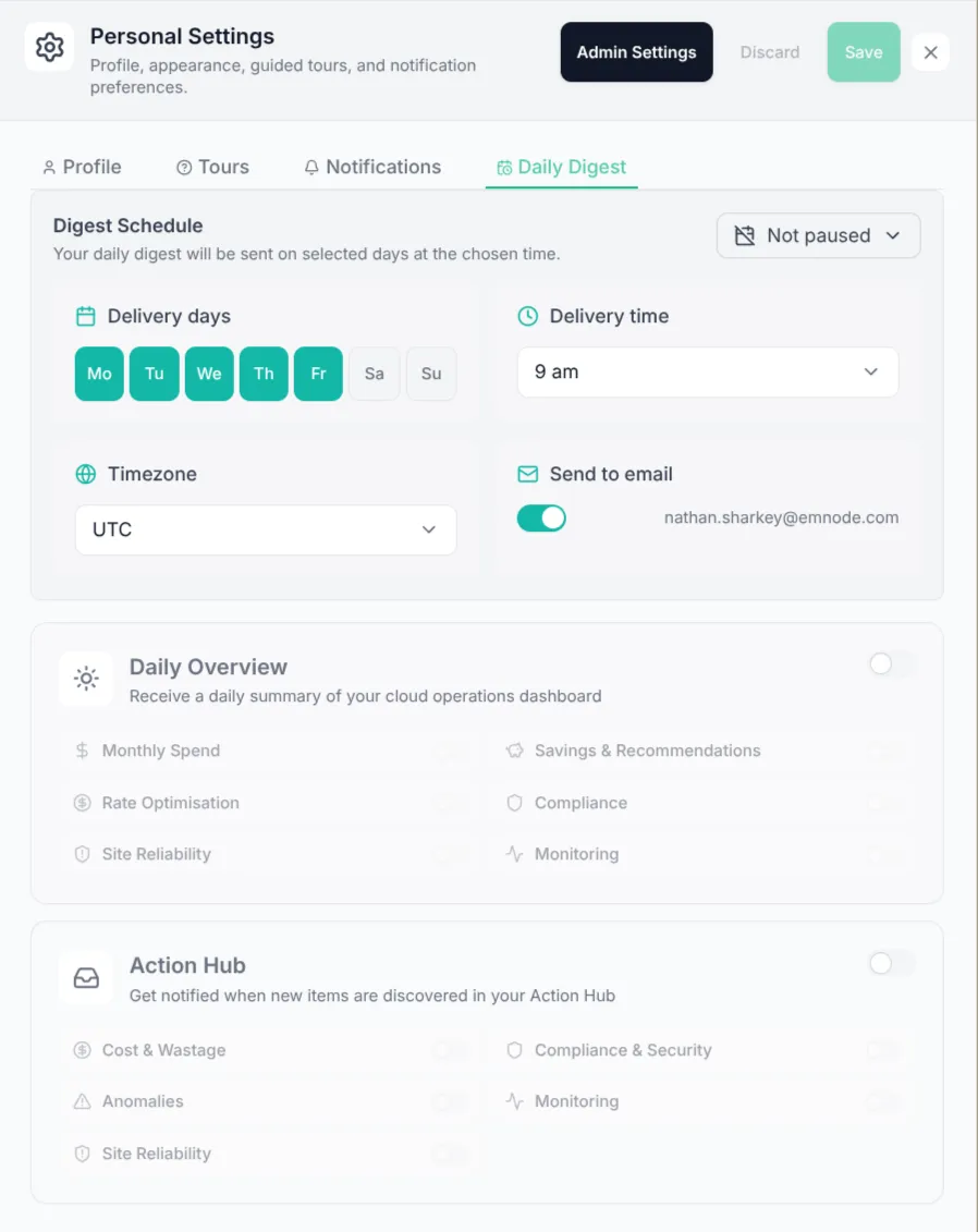 Personal daily digest settings panel showing delivery days, time, and per-section toggles