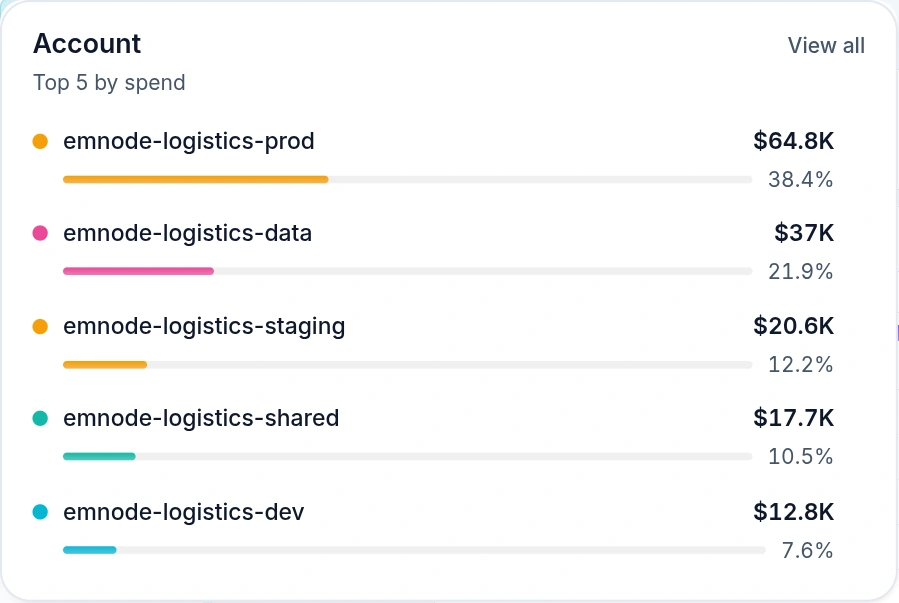 Emnode Cost Explorer showing the top AWS accounts by spend, each with its share of the bill