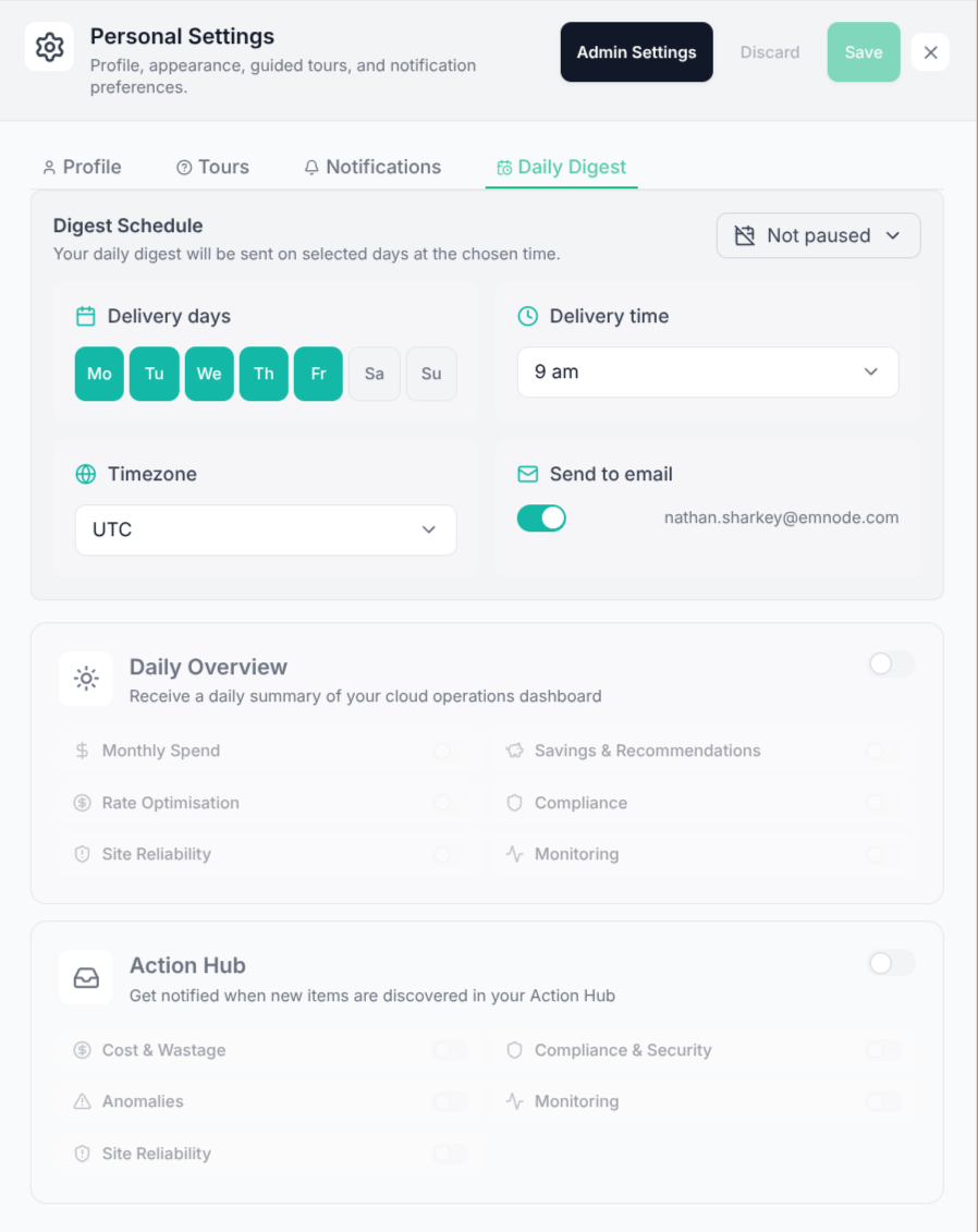 Personal daily digest settings panel showing delivery days, time, and per-section toggles